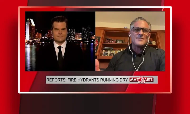 Video still from The Matt Gaetz Show on One America News Network showing a split screen of the host on the left side, and on the right side is the guest, Joey Venti.