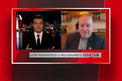 Video still from The Matt Gaetz Show on One America News Network showing a split screen of the host on the left side, and on the right side is the guest, Sheriff Alex Villanueva.