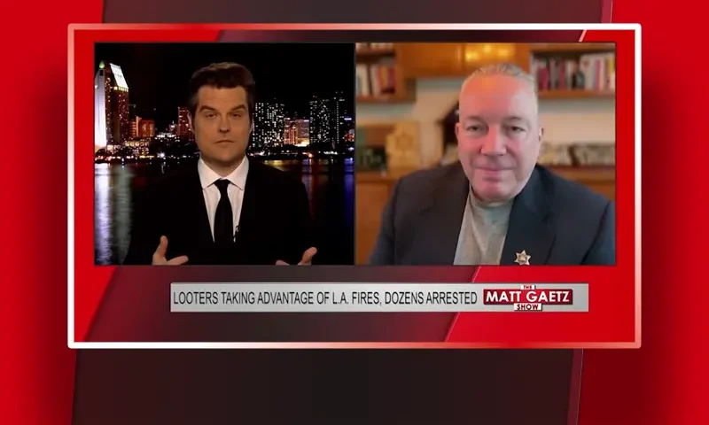 Video still from The Matt Gaetz Show on One America News Network showing a split screen of the host on the left side, and on the right side is the guest, Sheriff Alex Villanueva.