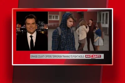 Video still of the host of The Matt Gaetz Show at the desk of their talk show on One America News Network.