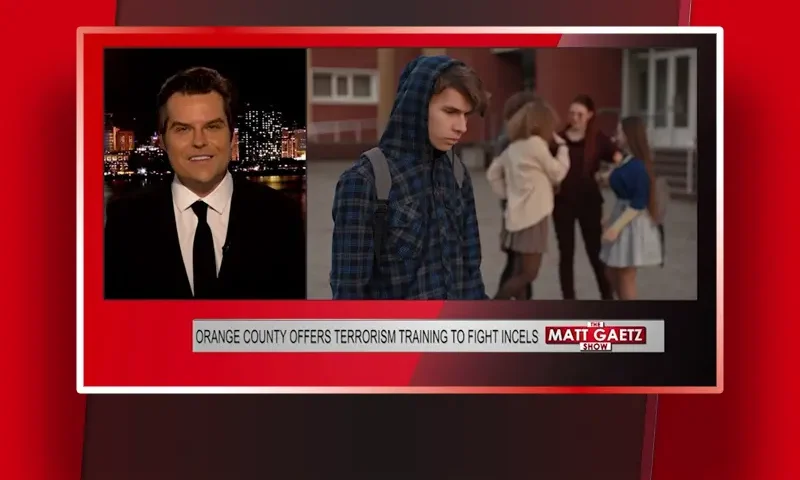 Video still of the host of The Matt Gaetz Show at the desk of their talk show on One America News Network.