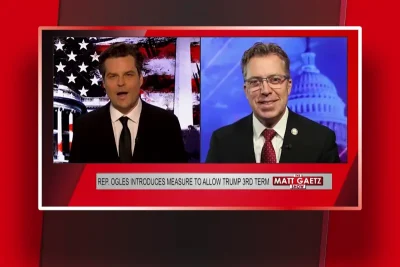Video still from The Matt Gaetz Show on One America News Network showing a split screen of the host on the left side, and on the right side is the guest, Rep. Andy Ogles.