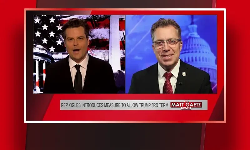 Video still from The Matt Gaetz Show on One America News Network showing a split screen of the host on the left side, and on the right side is the guest, Rep. Andy Ogles.