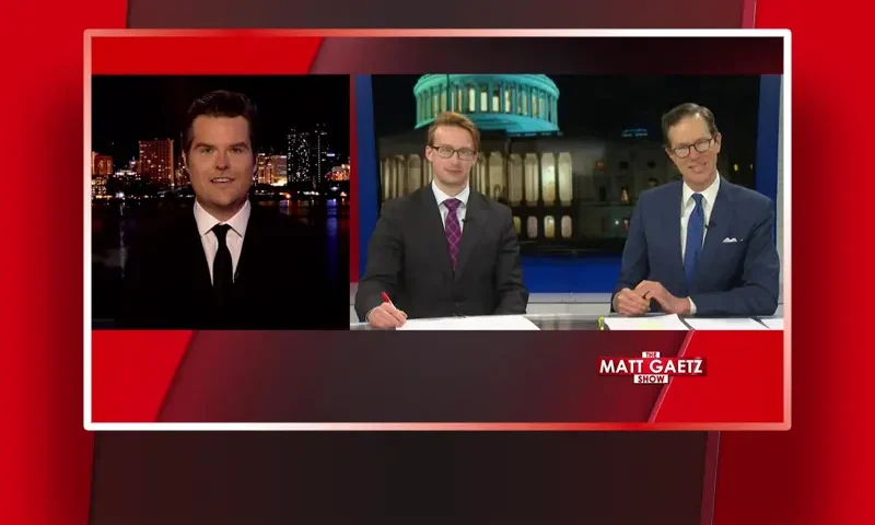 Video still from The Matt Gaetz Show on One America News Network showing a split screen of the host on the left side, and on the right side are the guests, John Hines and Daniel Baldwin.