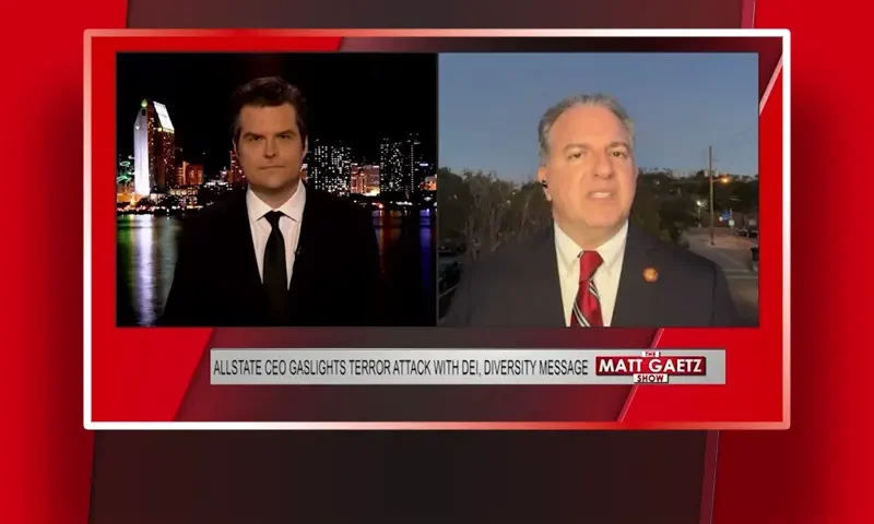 Video still from The Matt Gaetz Show on One America News Network showing a split screen of the host on the left side, and on the right side is the guest, Jimmy Patronis.