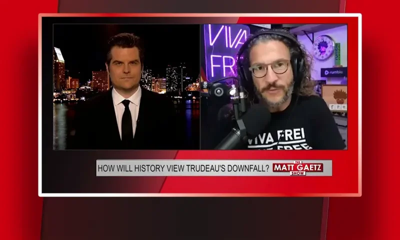 Video still from The Matt Gaetz Show on One America News Network showing a split screen of the host on the left side, and on the right side is the guest, Viva Frei.