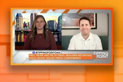 Video still from Tipping Point on One America News Network showing a split screen of the host on the left side, and on the right side is the guest, Benjamin Weingarten.
